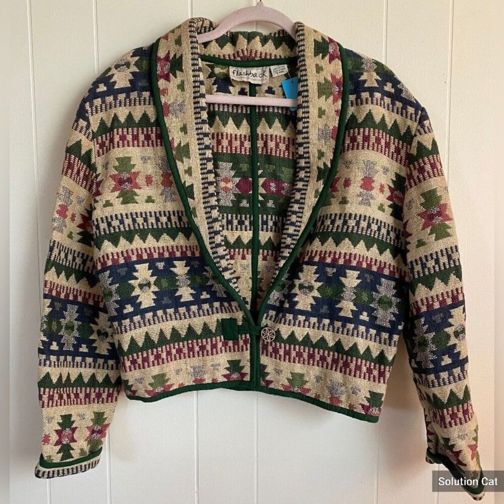 Jacket Women’s Medium Green Multicolor Boho Southwestern Cotton Tapestry Retro